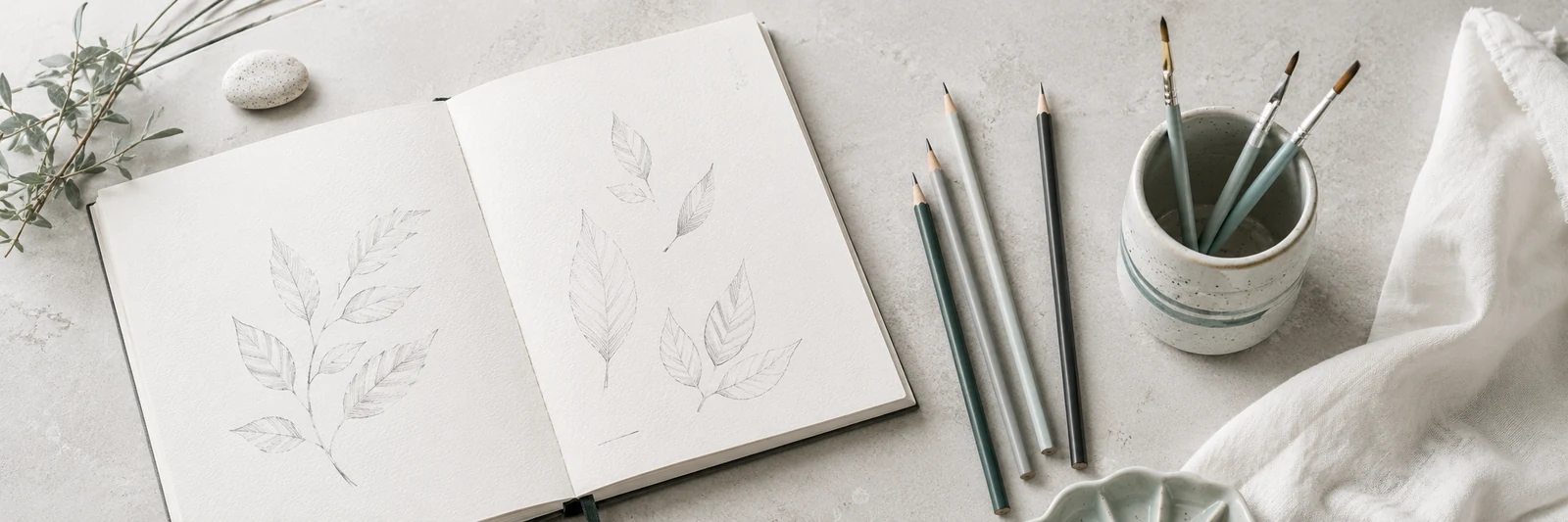 Cuaderno de bocetos con dibujos de hojas junto a lápices y pinceles