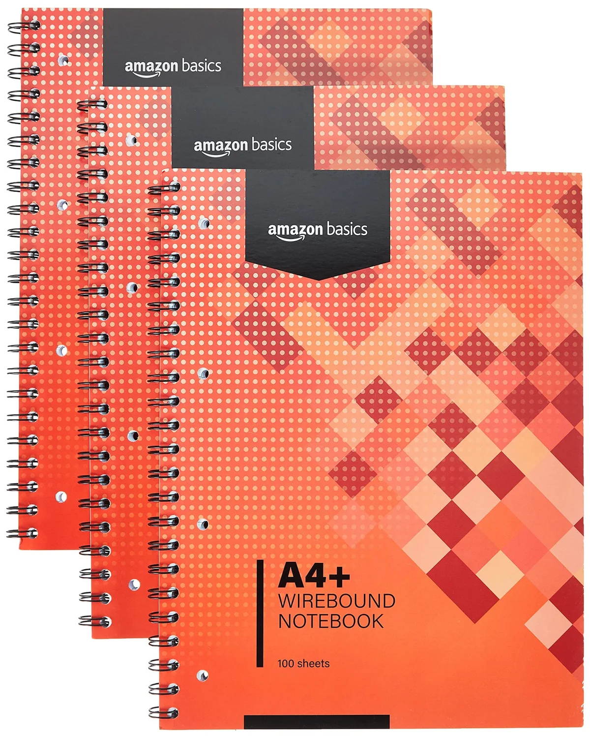 Amazon Basics Cuaderno espiral, 100 hojas, 200 páginas A4+, 80 GSM, paquete de 3, Rojo