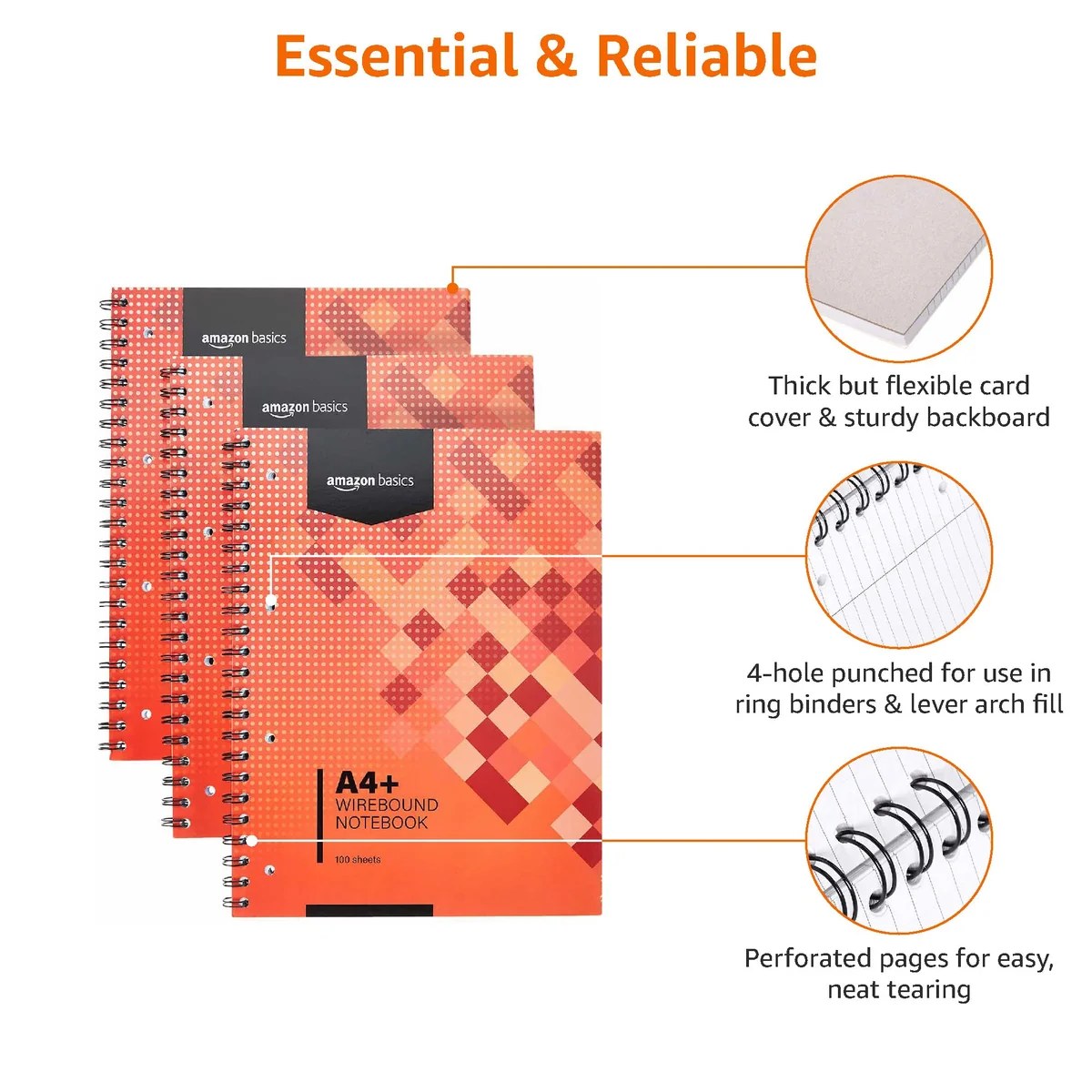 Amazon Basics Cuaderno espiral, 100 hojas, 200 páginas A4+, 80 GSM, paquete de 3, Rojo