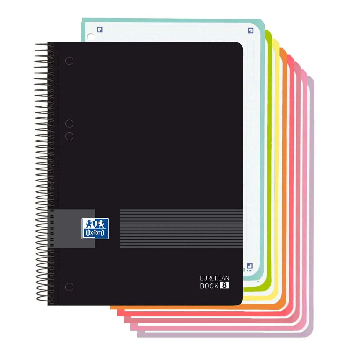 Oxford, Cuaderno A5 Cuadriculado 5x5, Tapa Plástico, 160 Hojas, 8 Bandas de Color, Libreta Microperforada, Color Negro