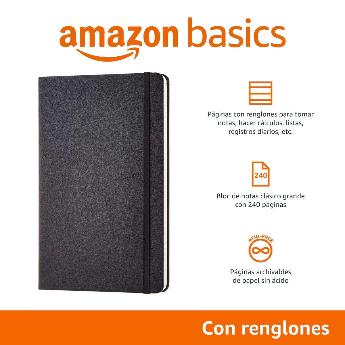 Cuaderno clásico Amazon Basics, tamaño A5, cuaderno diario para oficina, escuela, casa, escritura y toma de notas, cuadriculado, 240 páginas, negro