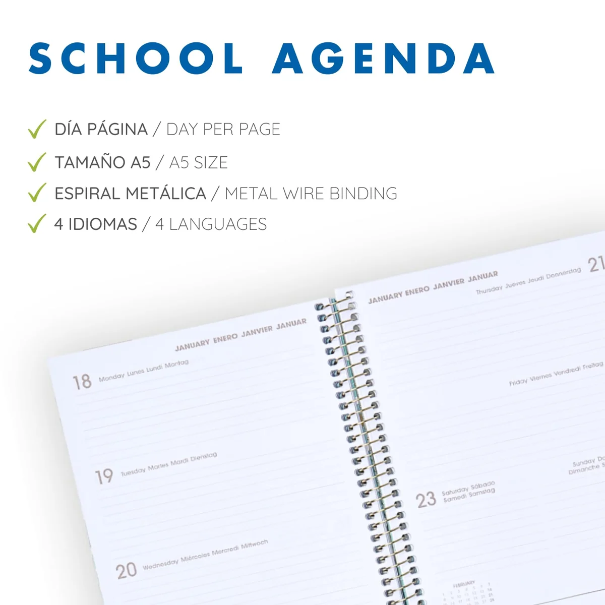 Q Kalon - Agenda Escolar 2026 2027 - Septiembre a Junio, Semana Vista, A5 (15x21 cm), 4 Idiomas: ESP, ING, FRA y ALE, Cierre de Espiral, Tapa Dura - Alba