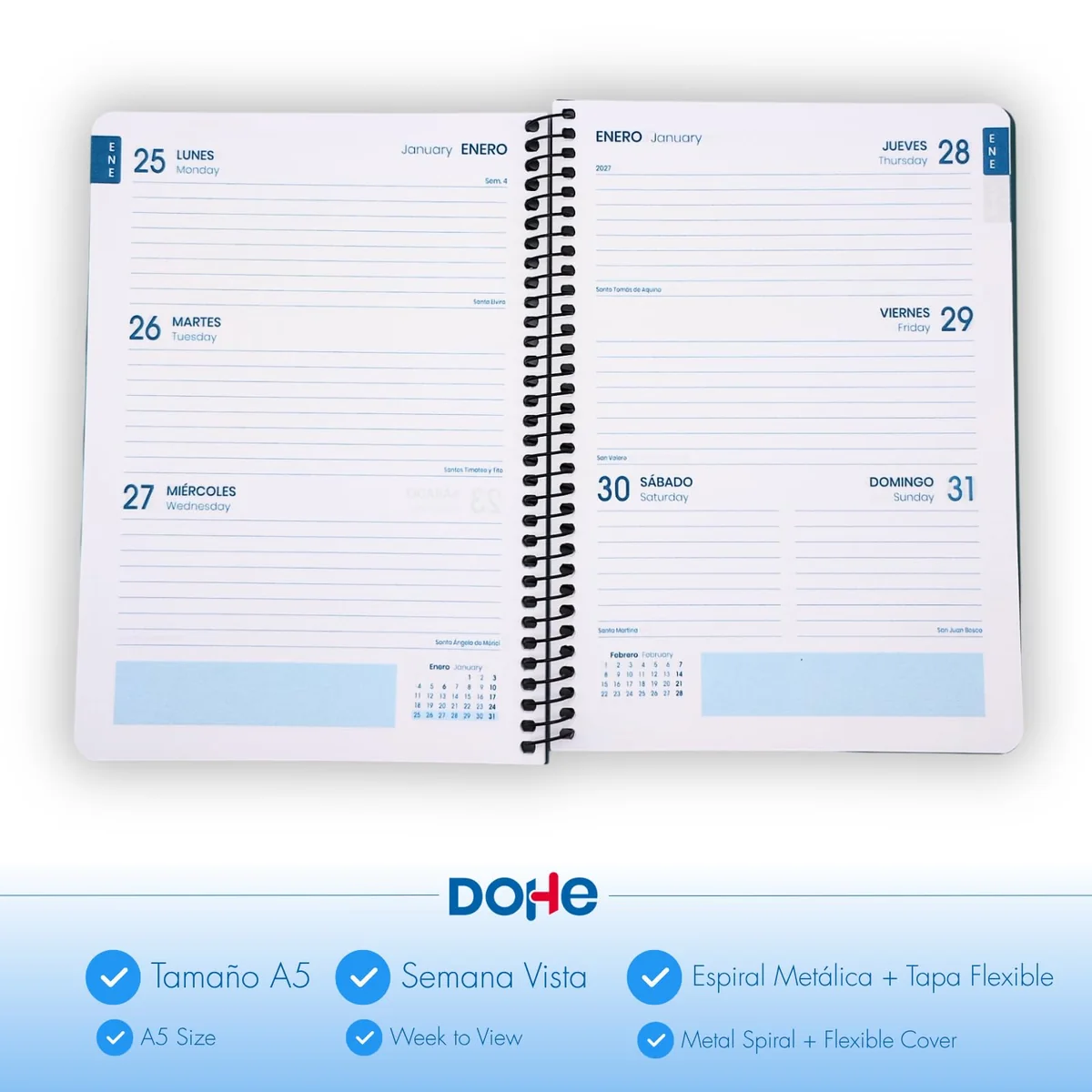 Dohe - Agenda Escolar 2026 2027 - Septiembre a Junio, Semana Vista, A5 (15x21 cm), Tapa Flexible de Plástico Duro, Cierre de Espiral, Español e Inglés - Element Azul