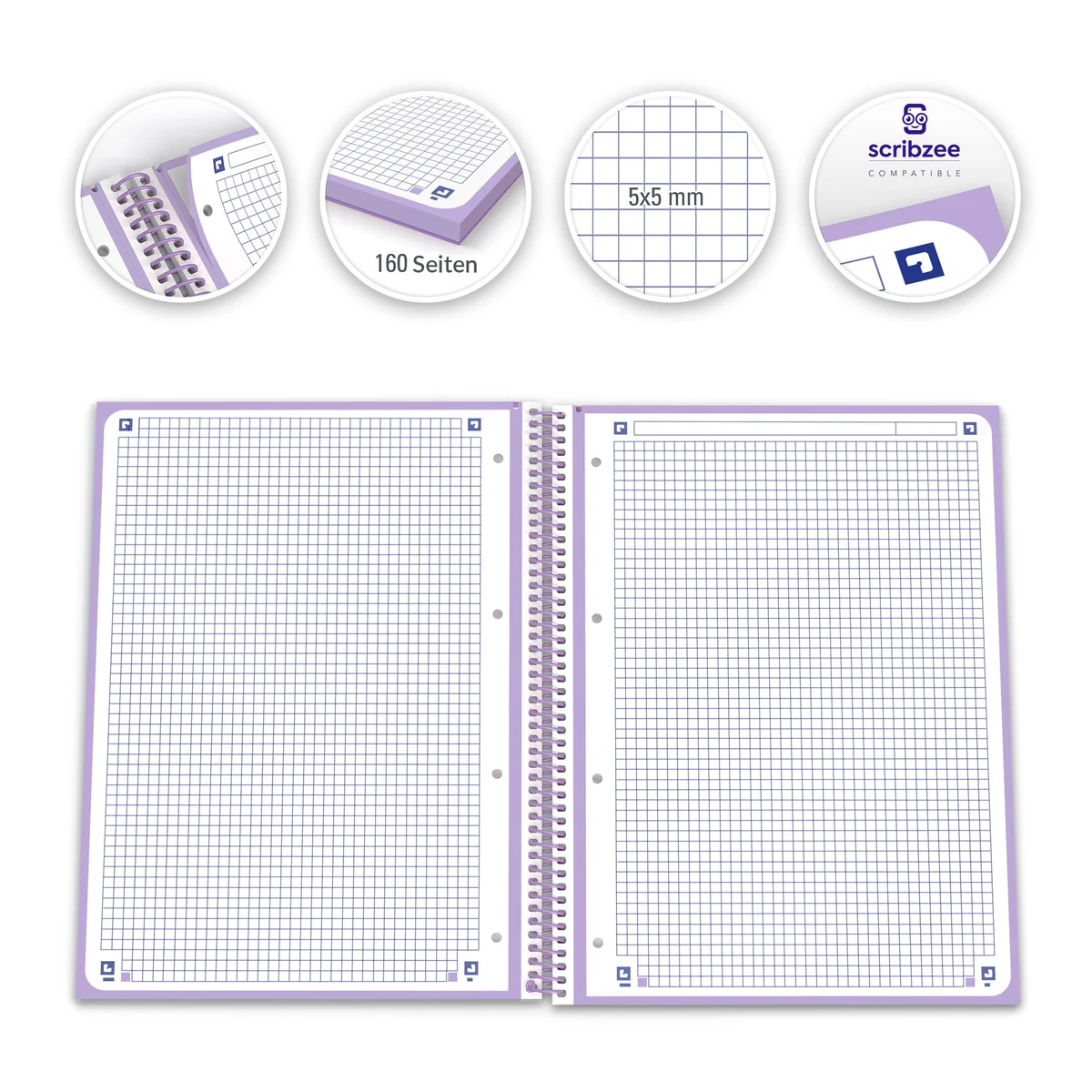 Oxford cuaderno Europeanbook 1 touch, microperforado, tapa extradura, espiral, a4+, cuadrícula 5x5, color malva pastel