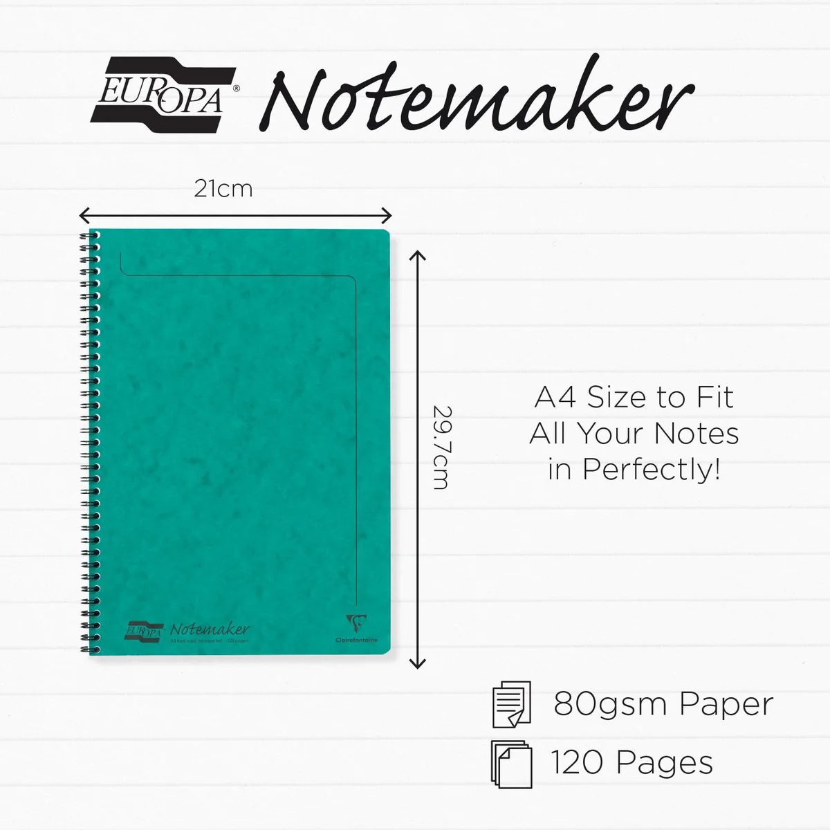 Clairefontaine 4863Z A Notemakers Europa Green Cuaderno de espiral - A4 21x29,7 cm - 120 páginas rayadas desmontables - Papel blanco de 90 g / m2 - Cubierta de tarjeta brillante