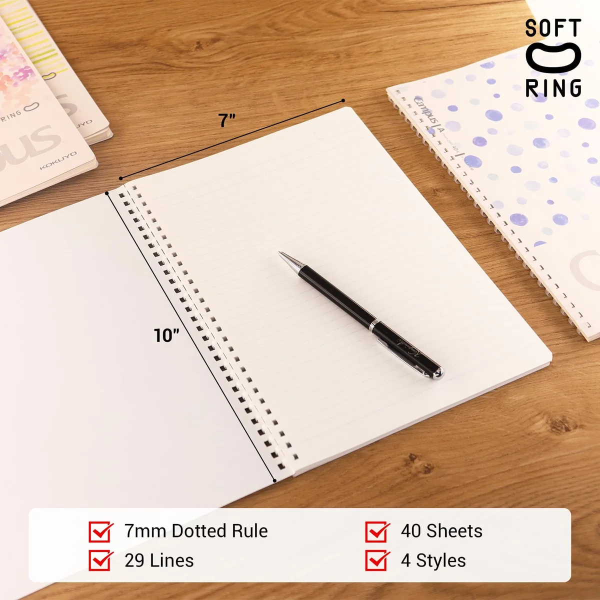 Kokuyo Cuaderno en espiral, 4 cuadernos Campus B5 de anillo suave con punteado A regla de 7 mm, 40 hojas, cuaderno estético de 1 materia en azul, rosa, amarillo y verde, toma de notas de oficina