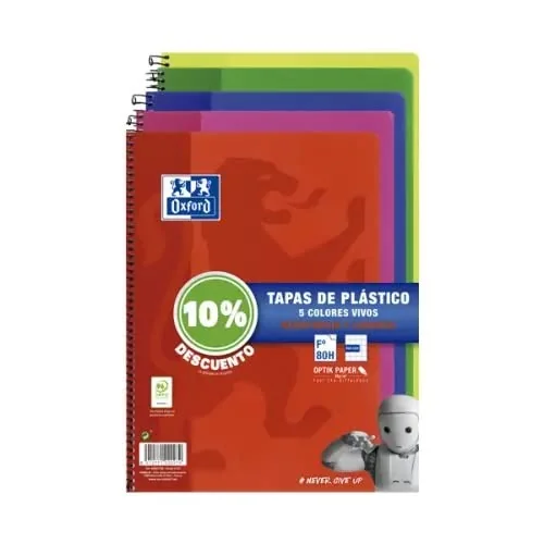 Oxford Cuadernos A4 , Tapa Plástico, 80 Hojas, Cuadrícula 4x4, Pack 5 unidades, Surtido colores vivos