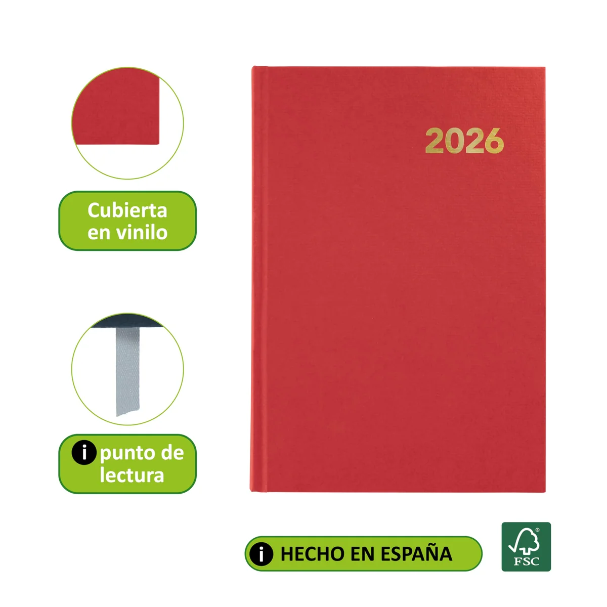 Grafoplas - Agenda 2026 Día por Página 2026 Bretaña, Roja, 14,5x21cm, Español, Tapa Dura y Punto de Lectura, 288 Páginas, Papel Blanco 70g Certificado FSC, Incluye Planning y Calendario 3 años