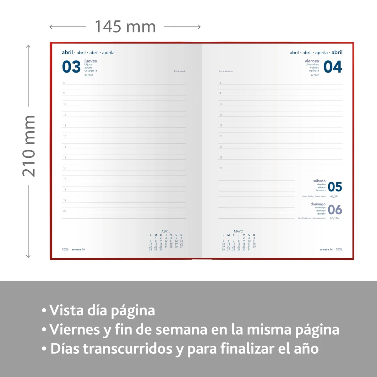 Grafoplas - Agenda 2026 Día por Página 2026 Bretaña, Roja, 14,5x21cm, Español, Tapa Dura y Punto de Lectura, 288 Páginas, Papel Blanco 70g Certificado FSC, Incluye Planning y Calendario 3 años