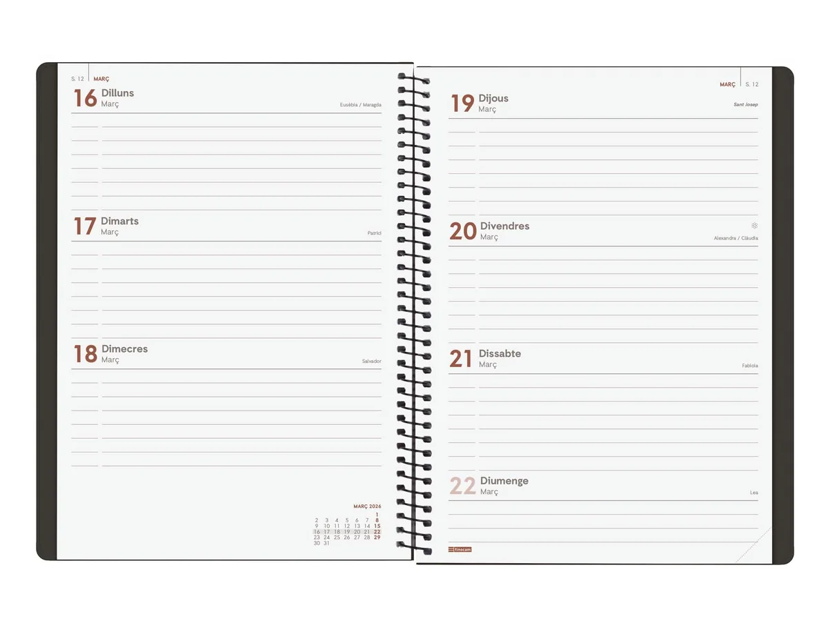 Finocam - Agenda Espiral 2026 Semana Vista Horizontal | Enero - Diciembre (12 meses) | Agenda Anual 2026 con goma elástica | Tapa Dura Espiral Basics My - Negro - Catalán