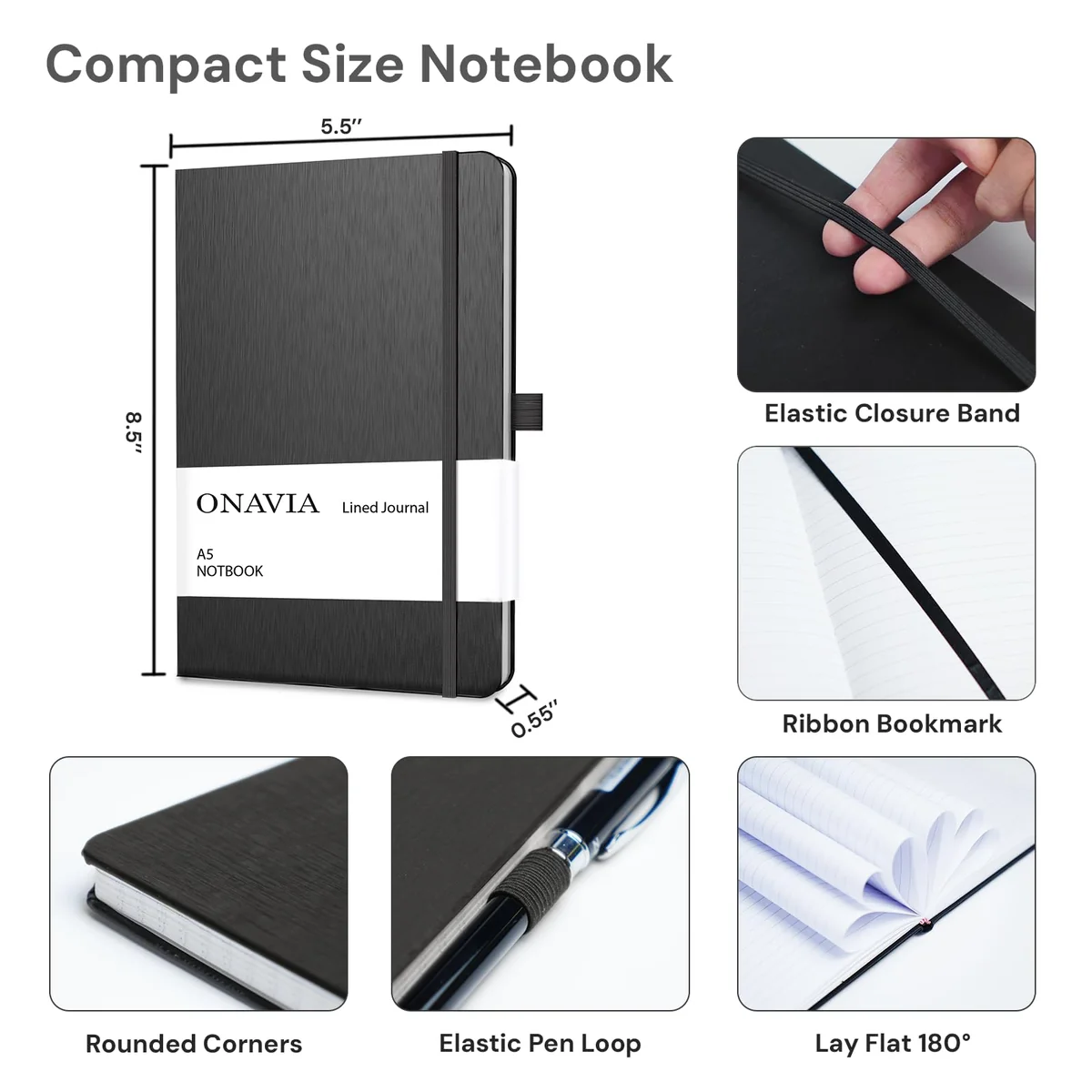 ONAVIA Cuaderno Rayado A5 Cuaderno de Viaje de Tapa Dura, Classic Libreta, Diario Premium Lineas de notas con Bucle de Lápiz, 160 páginas (Negro)