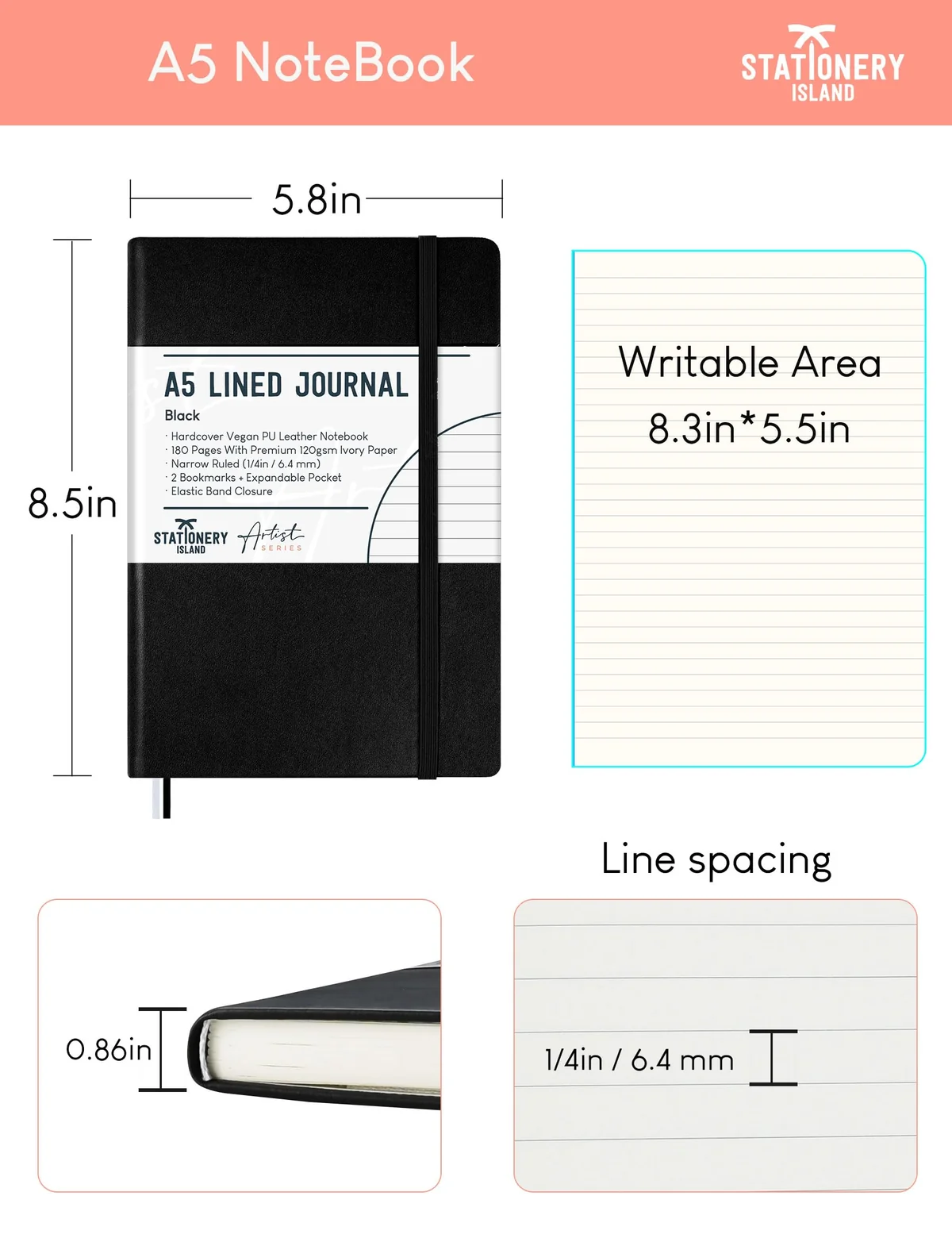Stationery Island Cuaderno Rayado A5, Tapa Dura con Forro de Libreta con Papel Grueso Premium de 120 g/m², 180 Páginas de Tapa Dura con Rayas Para Escribir, Estudiar, Planificar, Escribir en Diario