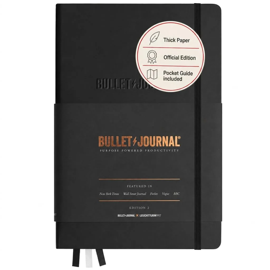 LEUCHTTURM1917 363572 Bullet Journal Edition 2, Medium A5, Tapas duras, 206 páginas numeradas, papel de 120 g/m², libreta ideal para bullet journaling, con guía de bolsillo BuJo (Negro)