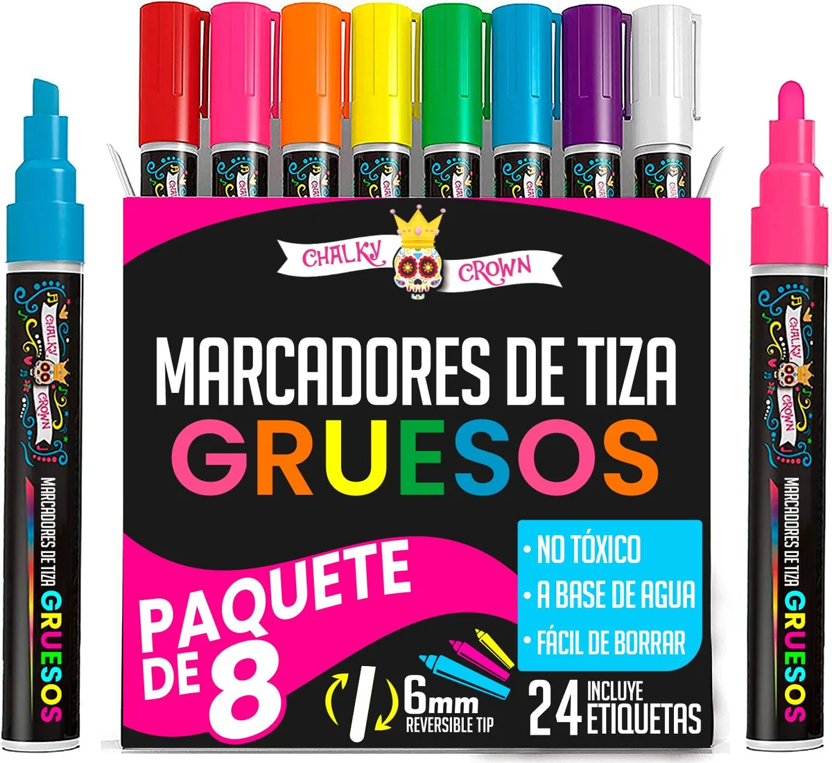 Chalky Crown Rotuladores Cristal Borrable - Punta Reversible Tiza Liquida - Rotulador Cristal Borrable para Pizarras, Carteles, Ventanas, Vidrio(Pack de 8) - Multicolor, 6 mm