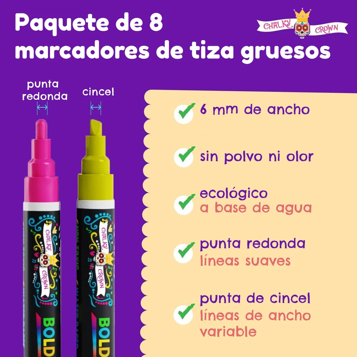 Chalky Crown Rotuladores Cristal Borrable - Punta Reversible Tiza Liquida - Rotulador Cristal Borrable para Pizarras, Carteles, Ventanas, Vidrio(Pack de 8) - Multicolor, 6 mm
