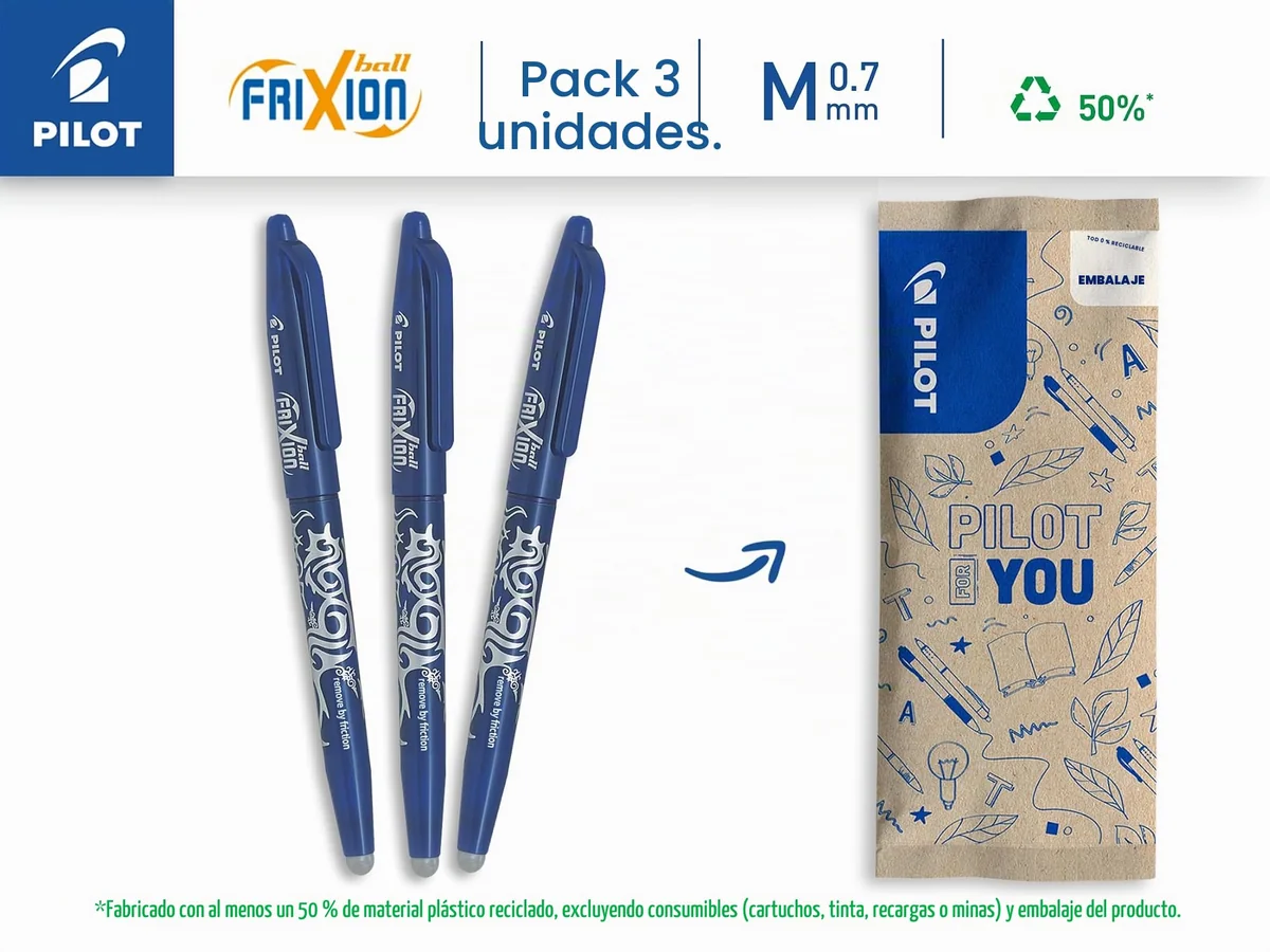 PILOT - Caja de 3 FriXion Ball - Bolígrafo Borrable con Tinta Termosensible - Bolígrafo Rollerball Recargable - Azul - Punta Media