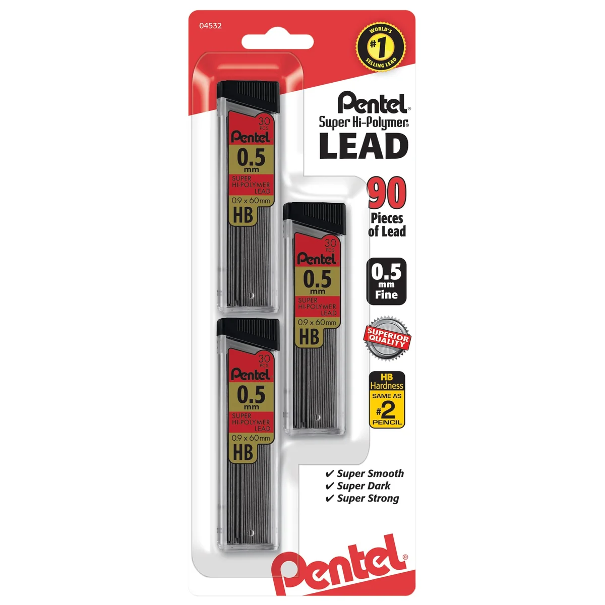 Pentel® Super Hi-Polymer® Minas de 0,5 mm, HB, 30 minas por tubo, paquete de 3 tubos