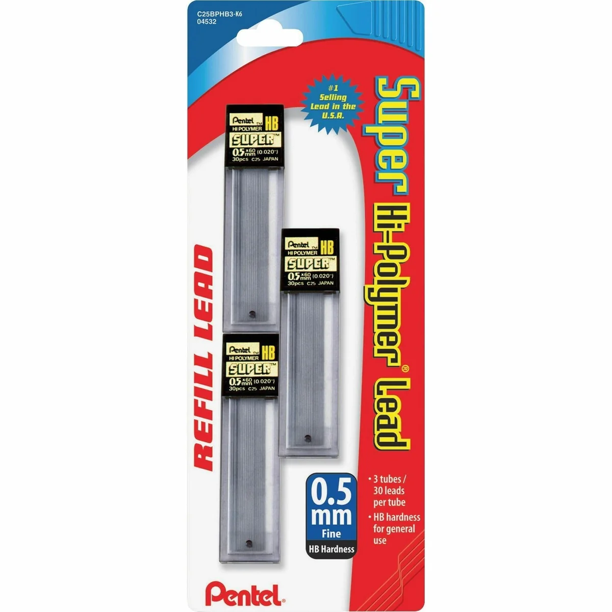 Pentel® Super Hi-Polymer® Minas de 0,5 mm, HB, 30 minas por tubo, paquete de 3 tubos