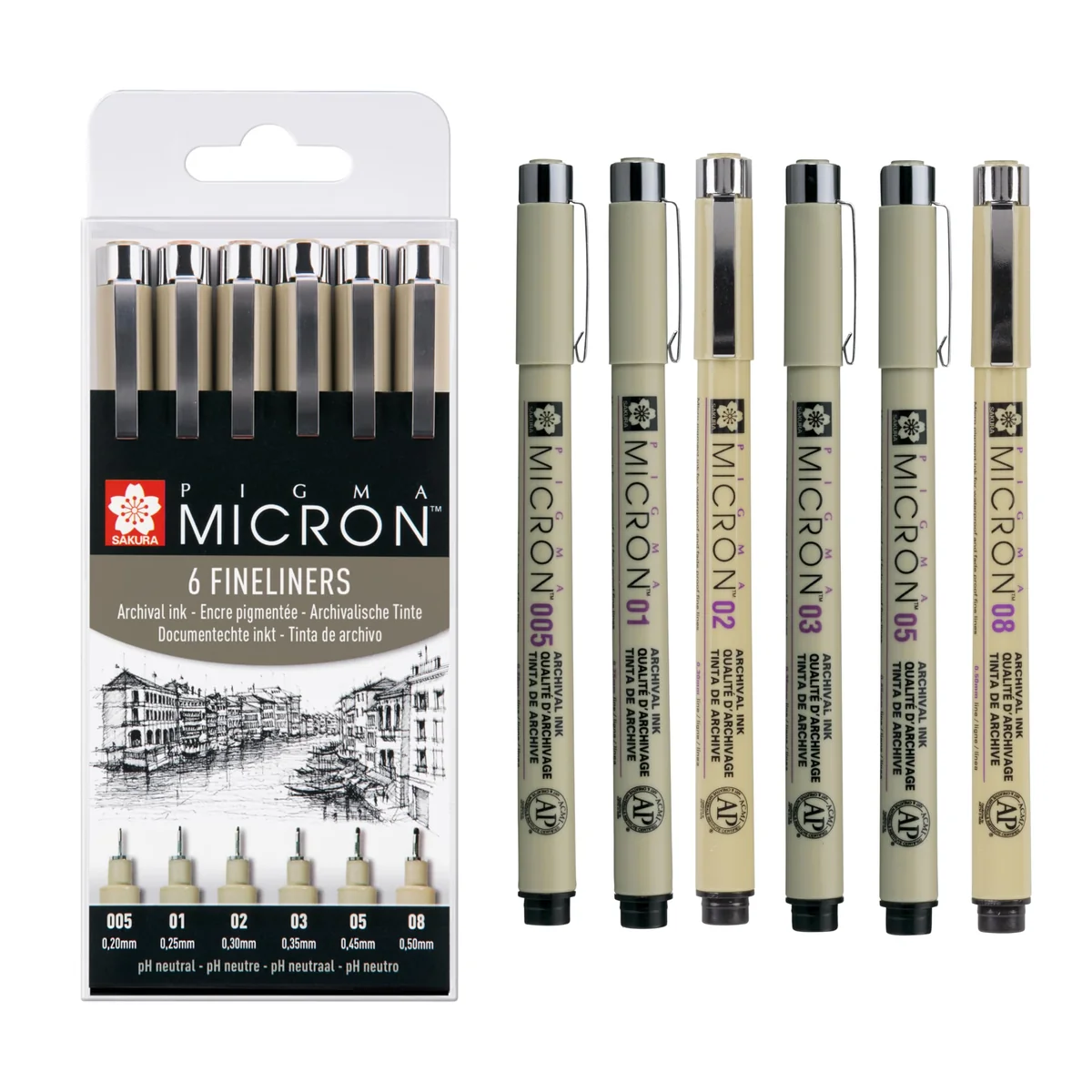 SAKURA Pigma Micron Bolígrafos Punta Calibrada Set de 6, Tinta negra permanente resistente al agua, Variedad de tamaños | Bolígrafos para escribir, dibujar y llevar un diario