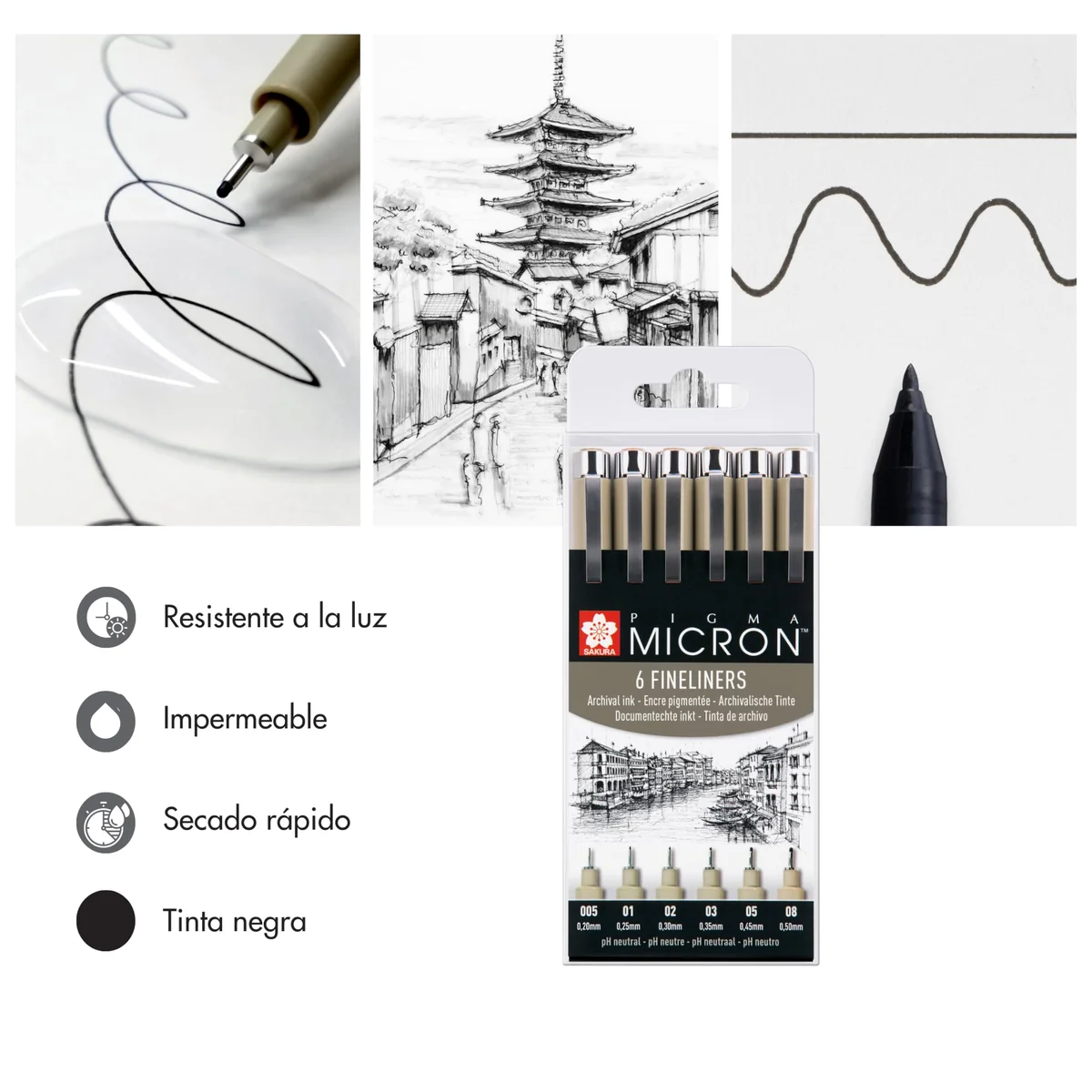 SAKURA Pigma Micron Bolígrafos Punta Calibrada Set de 6, Tinta negra permanente resistente al agua, Variedad de tamaños | Bolígrafos para escribir, dibujar y llevar un diario
