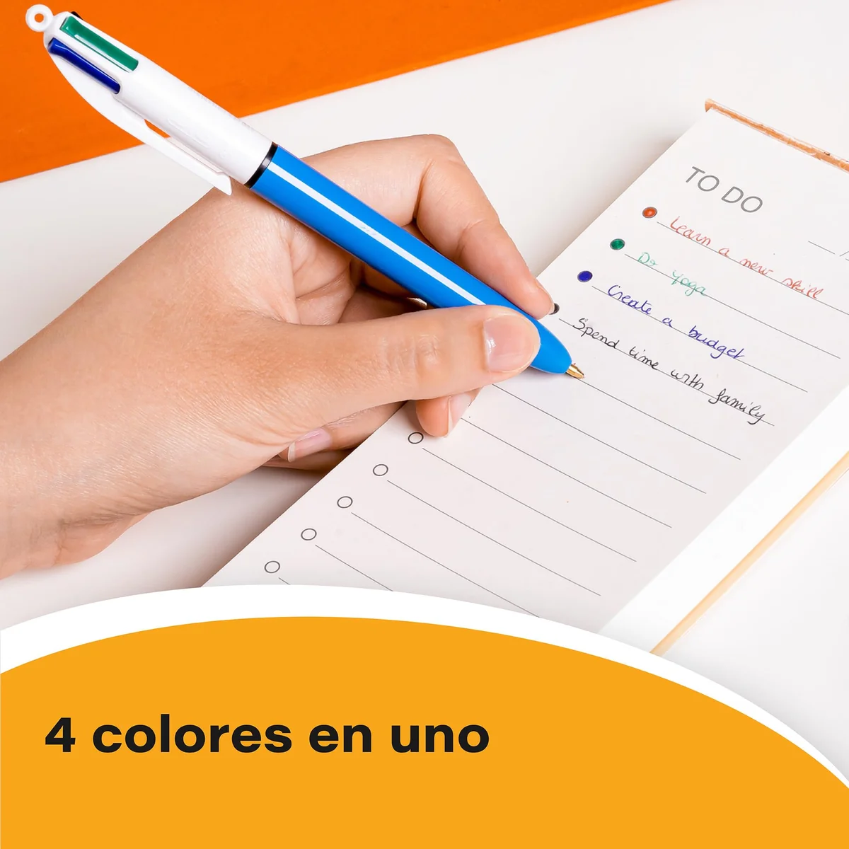 BIC 4 Colores Bolígrafos Retráctiles, Original, Colores Surtidos, Punta Media (1,0mm), Blíster de 3 Bolis, Color azul