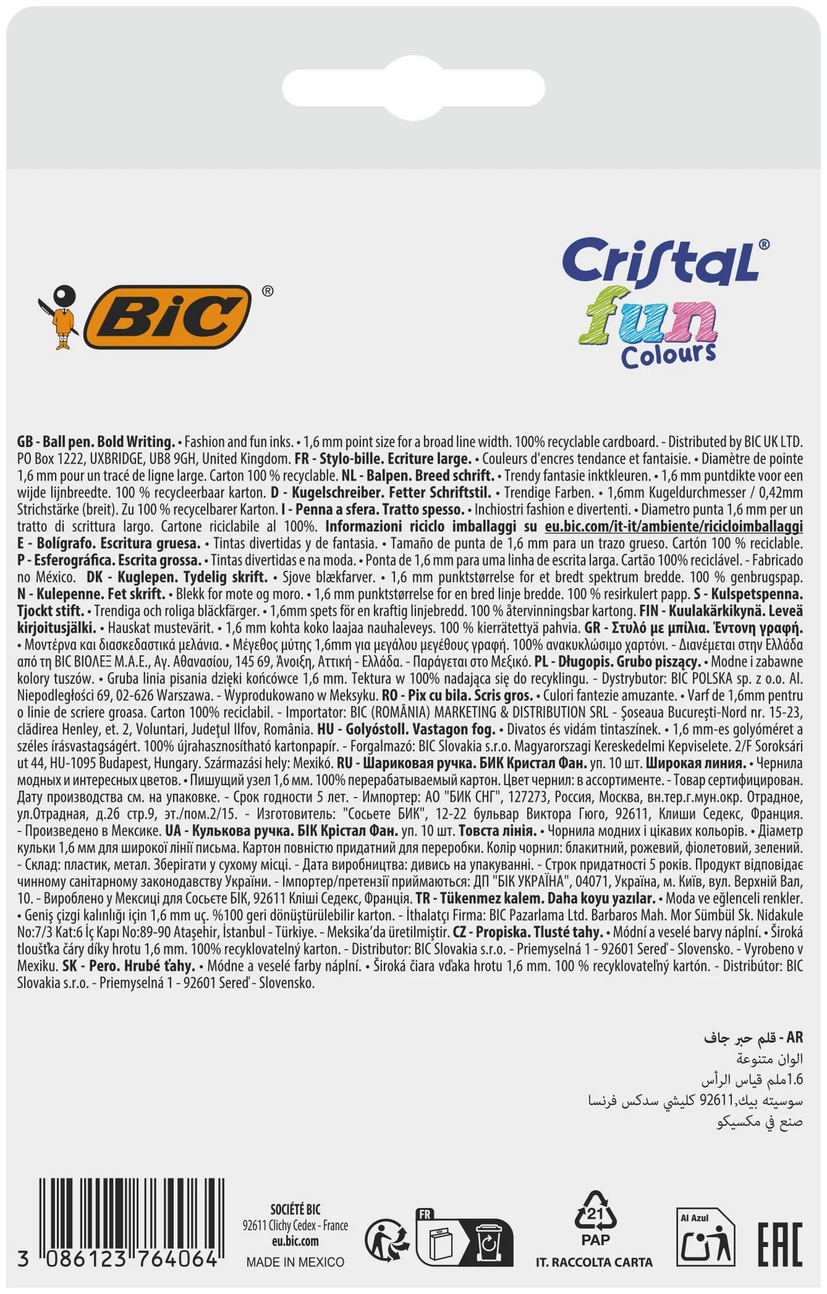 BIC Cristal Fun Colores Bolígrafos de Punta Ancha (1,6 mm) - Colores Surtidos, Pack de 10