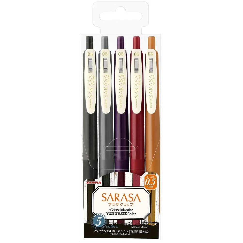 Zebra Sarasa Clip 0.5 Bolígrafo de gel retráctil, mango de goma, 0,5 mm, colores vintage, paquete de 10 colores (JJ15-5C-VI+JJ15-5C-VI2)