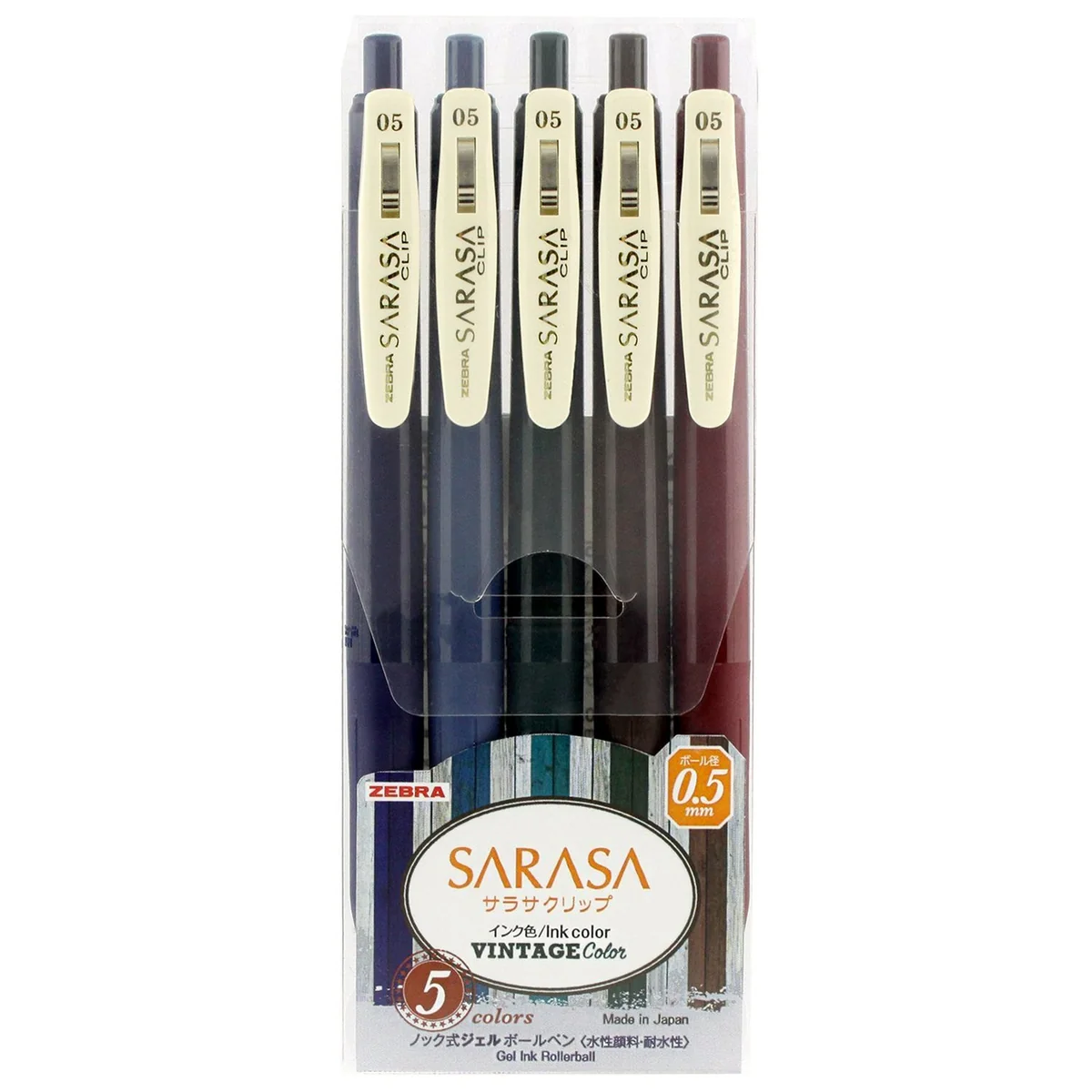 Zebra Sarasa Clip 0.5 Bolígrafo de gel retráctil, mango de goma, 0,5 mm, colores vintage, paquete de 10 colores (JJ15-5C-VI+JJ15-5C-VI2)