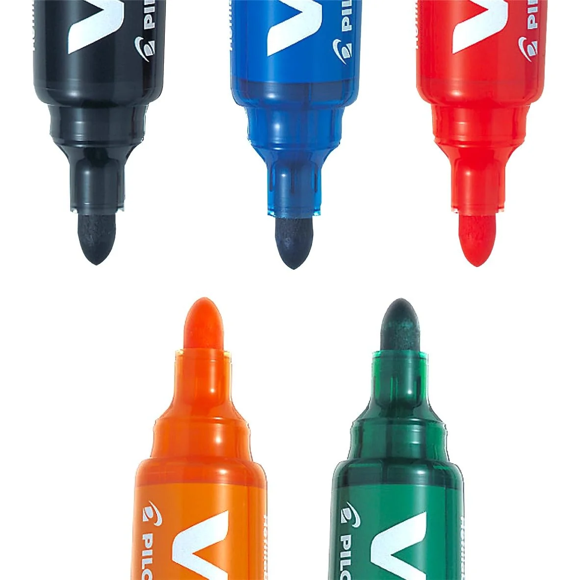 PILOT - Caja de 5 V-Board Master - Rotuladores pizarra blanca - Tinta borrado en seco - Recargable con tinta líquida colores intensos - Begreen - Negro, Azul, Rojo, Verde, Naranja - Punta Media