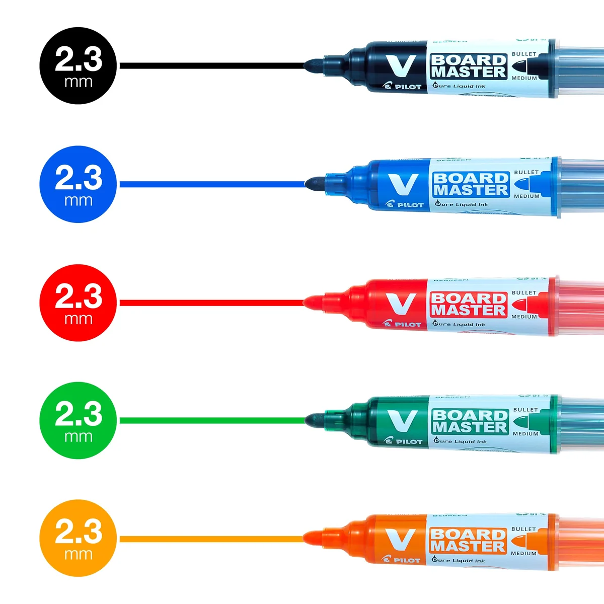 PILOT - Caja de 5 V-Board Master - Rotuladores pizarra blanca - Tinta borrado en seco - Recargable con tinta líquida colores intensos - Begreen - Negro, Azul, Rojo, Verde, Naranja - Punta Media
