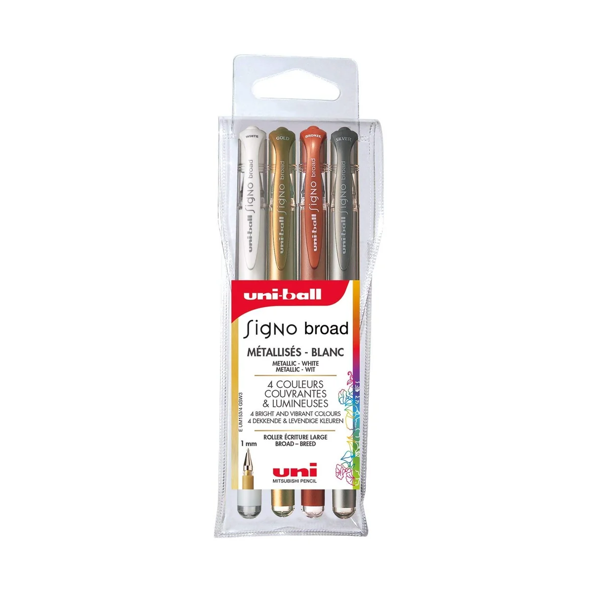 Uni Ball Color Varios Paquete Signo Bolígrafo Ancha Metálico Gel Rollerball Tinta Metal 1mm Punta 0.65mm Ancho de Línea con Goma Agarre UM-153 1 de Cada Color - Oro Plata Blanco - 3 Rotuladores)