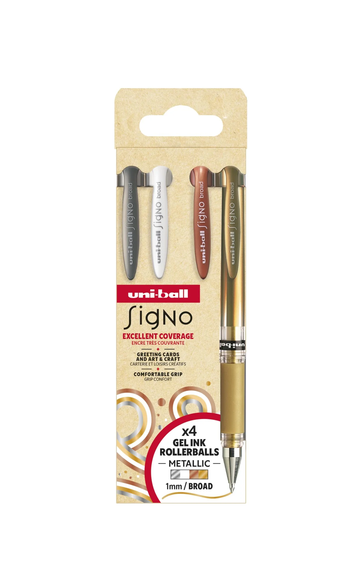 Uni Ball Color Varios Paquete Signo Bolígrafo Ancha Metálico Gel Rollerball Tinta Metal 1mm Punta 0.65mm Ancho de Línea con Goma Agarre UM-153 1 de Cada Color - Oro Plata Blanco - 3 Rotuladores)