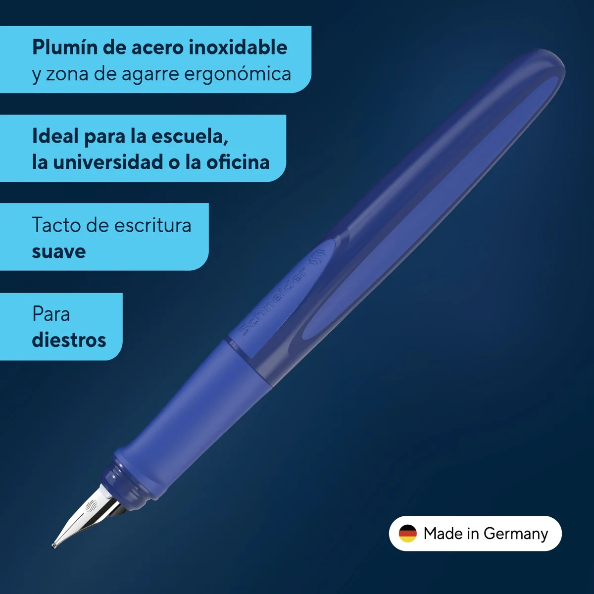 Schneider Ray 168215 - Pluma estilográfica para diestros (incluye cartucho de tinta estándar), color azul
