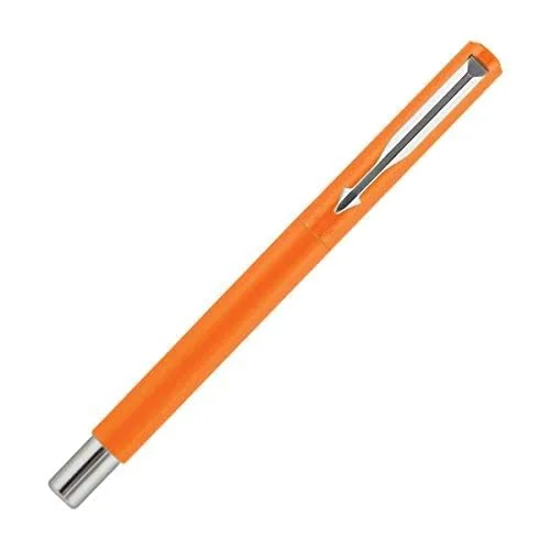 Parker Vector estándar pluma estilográfica punta fina de acero inoxidable), acabado en cromo), cuerpo de color naranja cromado – con 3 gratis Cartuchos de tinta
