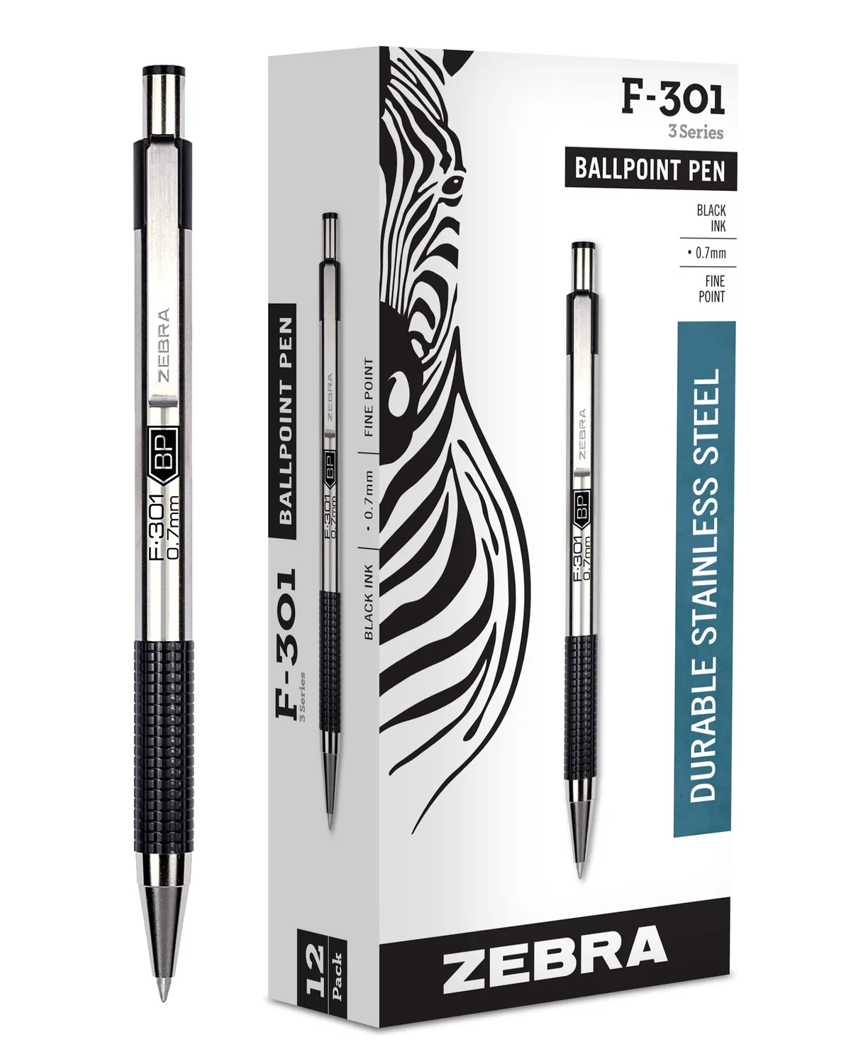 Zebra Pen F-301 - Bolígrafo retráctil de acero inoxidable de 0,7 mm, tinta de fácil deslizamiento, agarre antideslizante, clip de metal, recargable con recambio F, diseño profesional (27110)