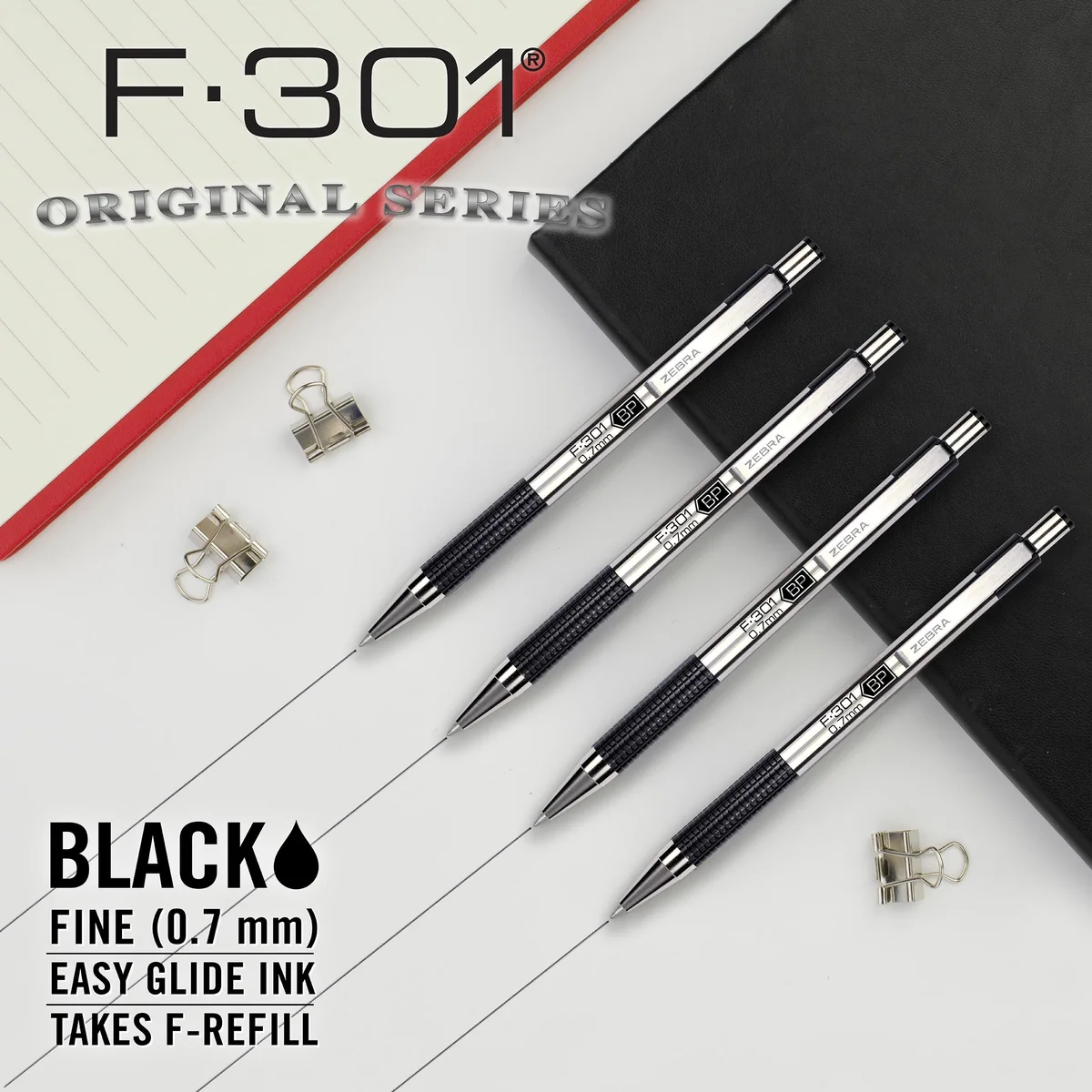Zebra Pen F-301 - Bolígrafo retráctil de acero inoxidable de 0,7 mm, tinta de fácil deslizamiento, agarre antideslizante, clip de metal, recargable con recambio F, diseño profesional (27110)