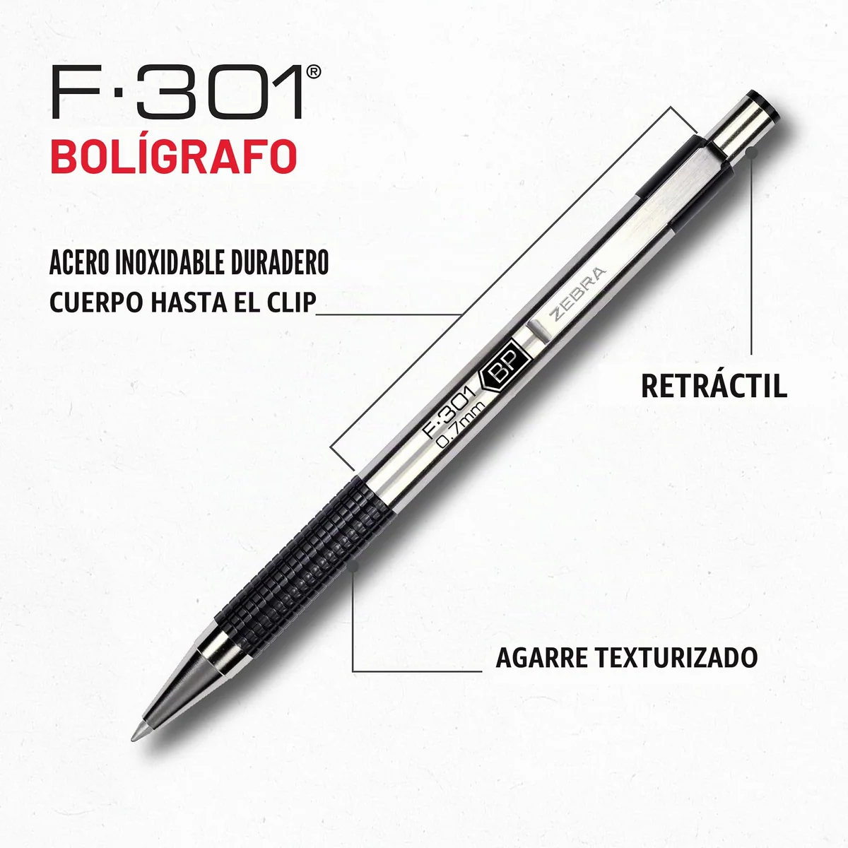 Zebra Pen F-301 - Bolígrafo retráctil de acero inoxidable de 0,7 mm, tinta de fácil deslizamiento, agarre antideslizante, clip de metal, recargable con recambio F, diseño profesional (27110)