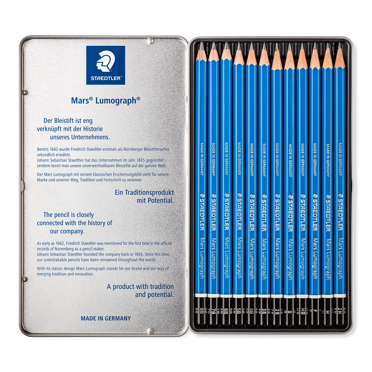 STAEDTLER Mars Lumograph 100 Set de lápices – 12, estuche metálico HB