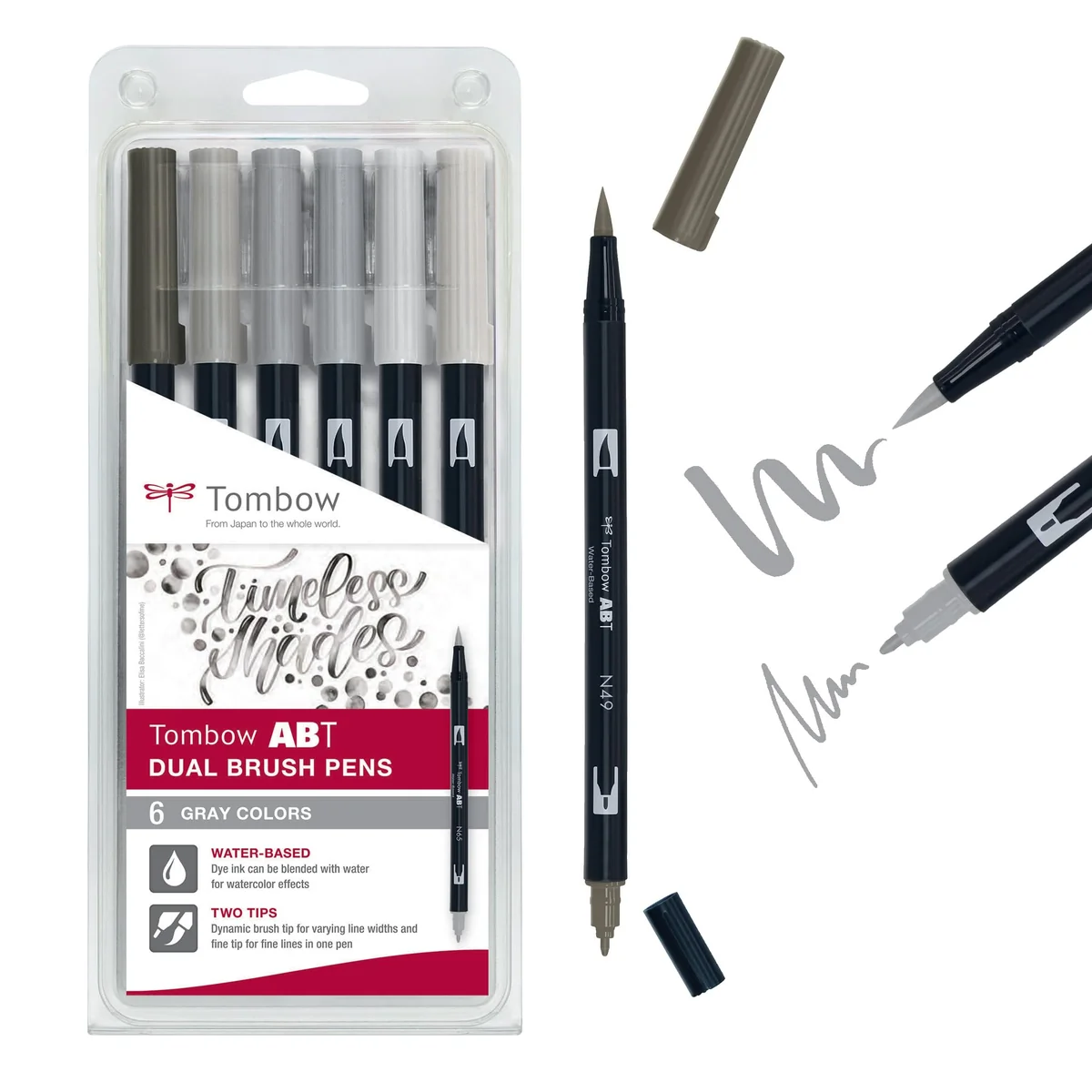 Tombow - ABT Dual Brush | Estuche con 6 Rotuladores Acuarelables de Doble Punta en Colores Grises