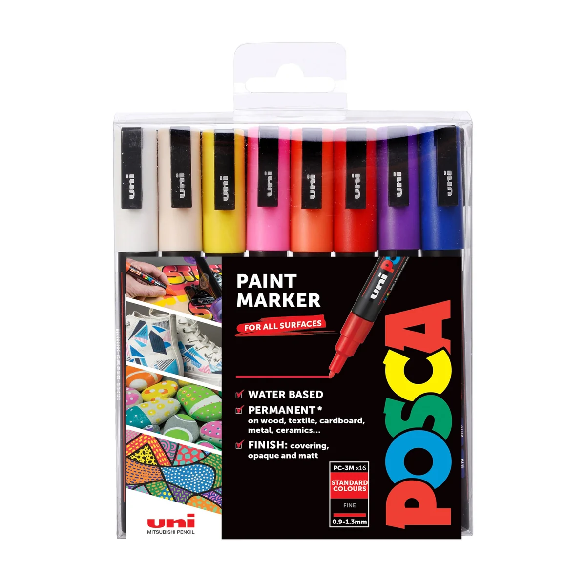 Posca PC-3M - Pack de 16 rotuladores de pintura al agua con punta redondeada, multicolor