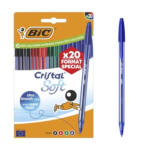 BIC Cristal Soft Bolígrafos de Punta Media (1,2 mm) Set Formato Especial - Colores Surtidos, Pack de 20
