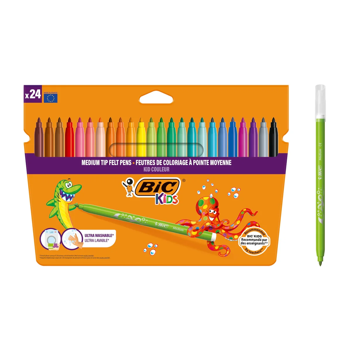 BIC Kids Rotuladores Lavables para Niños, Kid Couleur, Colores Surtidos, Punta Media para Niños, Caja de 24, material escolar
