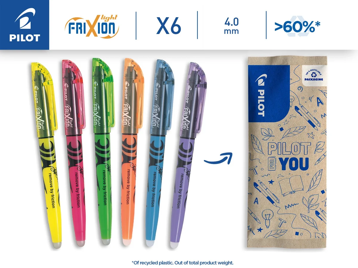 PILOT - Caja de 6 Frixion Light - Resaltadores Borrables en Colores Fluorescentes - 1 Amarillo, 1 Rosa, 1 Verde, 1 Azul, 1 Naranja, 1 Morado - Punta de Cincel - Trazos Finos o Anchos