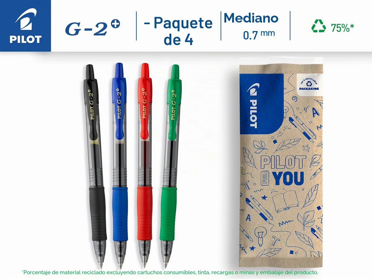 PILOT - Caja de 4 G2 Plus - Bolígrafos Roller de Tinta de Gel - Retráctiles y Recargables - Negro, Azul, Rojo, Verde - Punta Media
