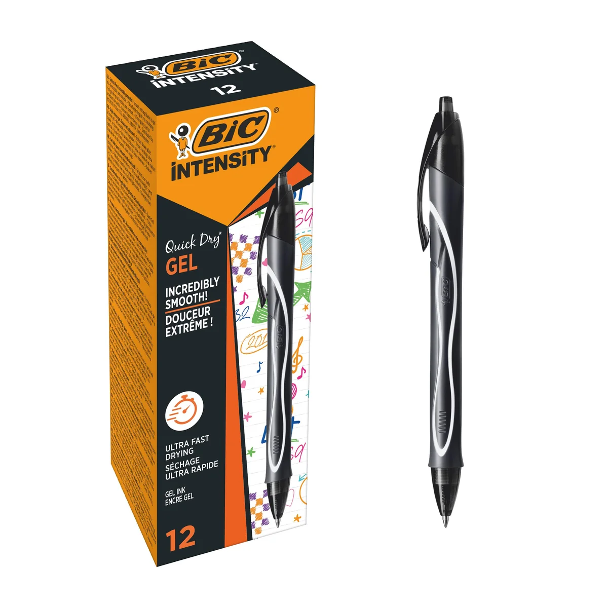 BIC Bolgrafo de Gel, Punta Media (0,7 mm), Tinta de Secado Ultrarrpido - Color Negro, paquete de 12 uds