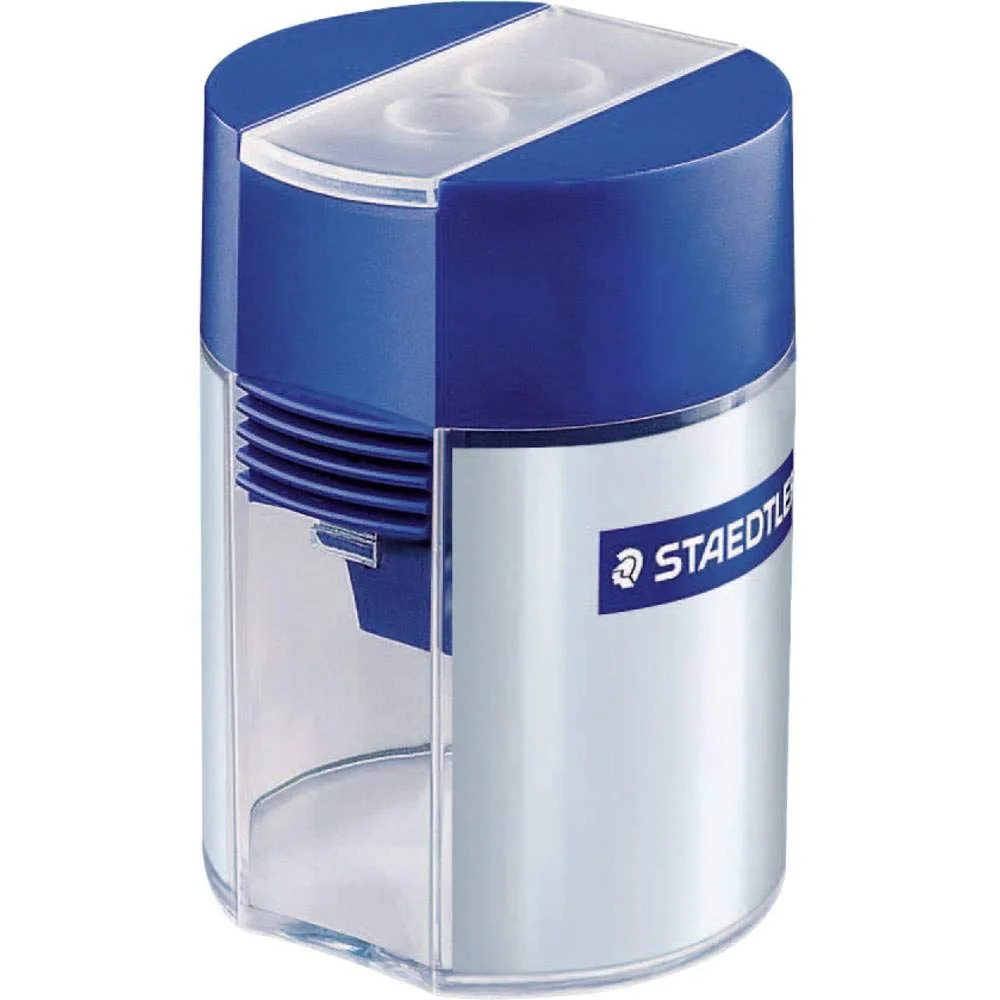 STAEDTLER 512 001 - Sacapuntas (doble agujero, diámetro máximo de 10,2 mm, contenedor transparente), color azul y transparente
