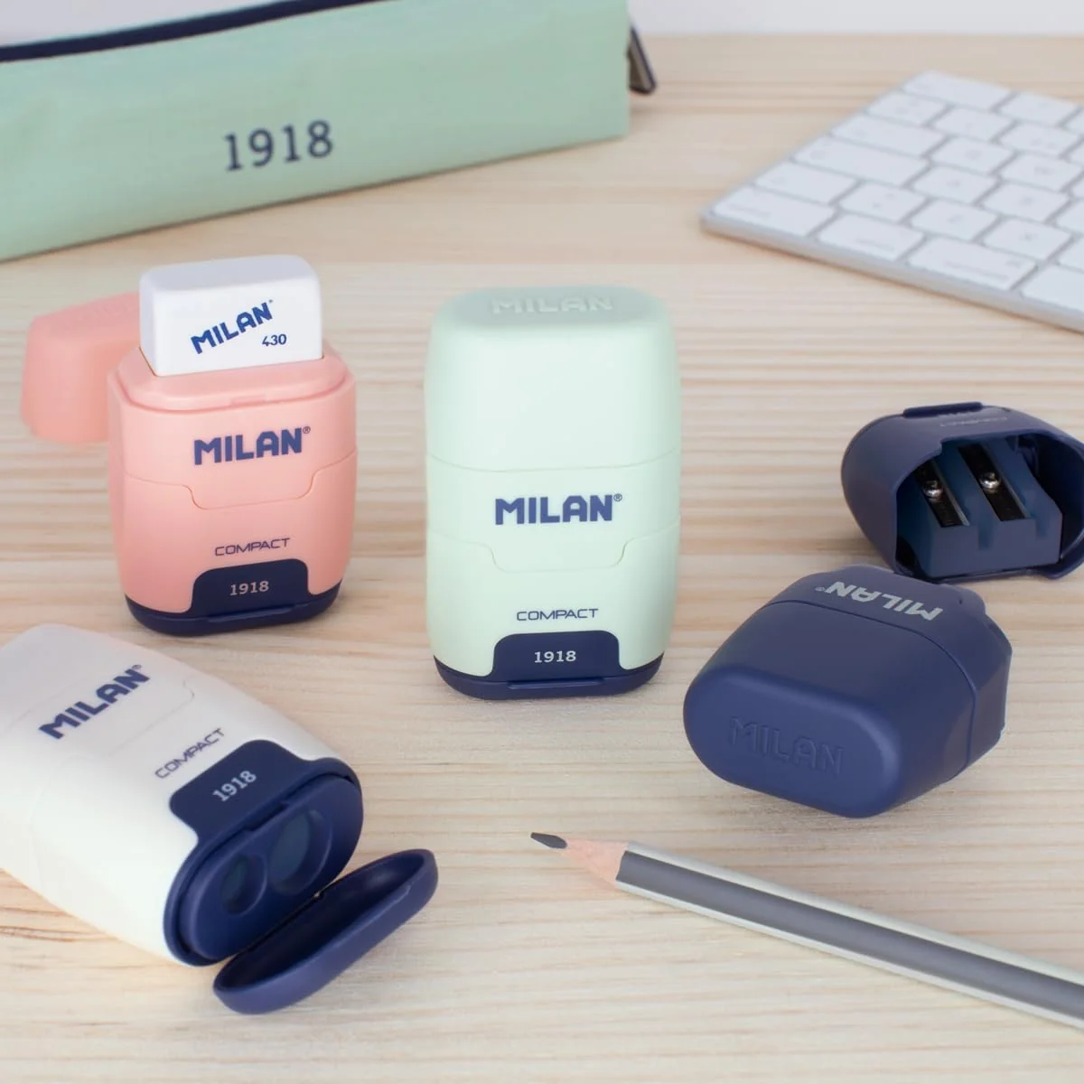 MILAN® Blister afilaborra COMPACT 1918 colores surtidos, Rosa, Verde, Azul, Blanco