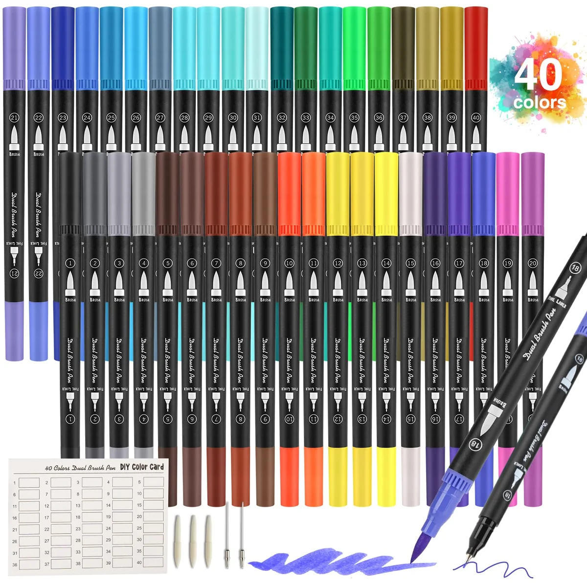 Peakness Rotuladores Lettering Profesionales de 40 Colores, Pincel Doble Punta con Libro de Dibujo, Rotuladores Acuarelables para Graffiti, Caligrafía, Dibujo, Lettering