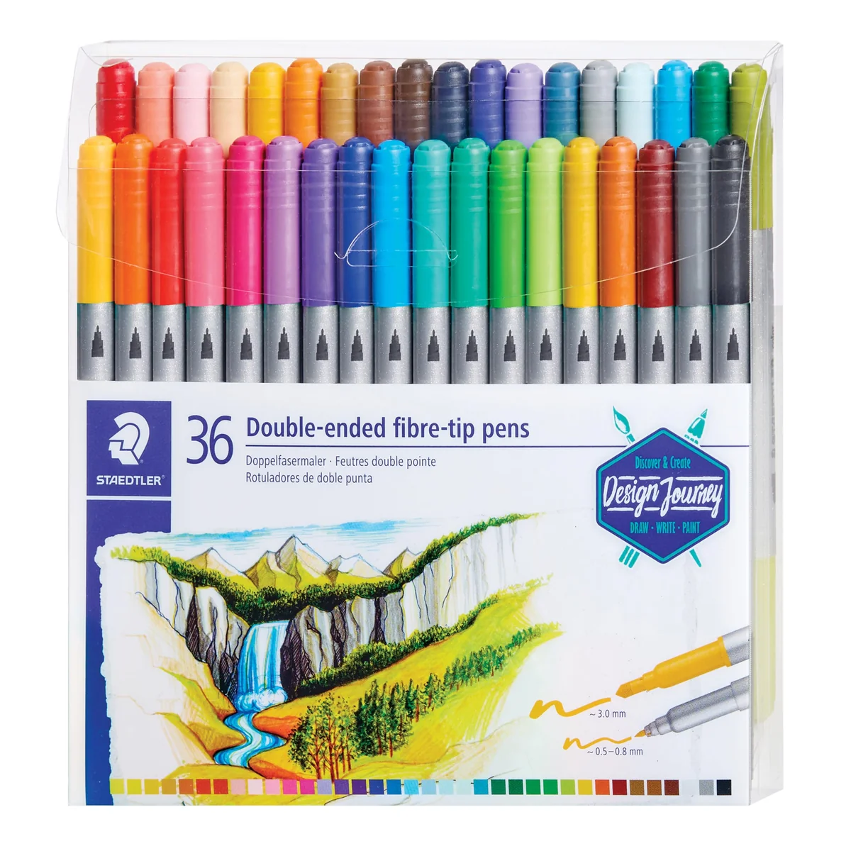 STAEDTLER Design Journey 3200 TB36, Rotuladores para lettering de doble punta, Caja con 36 marcadores de colores variados