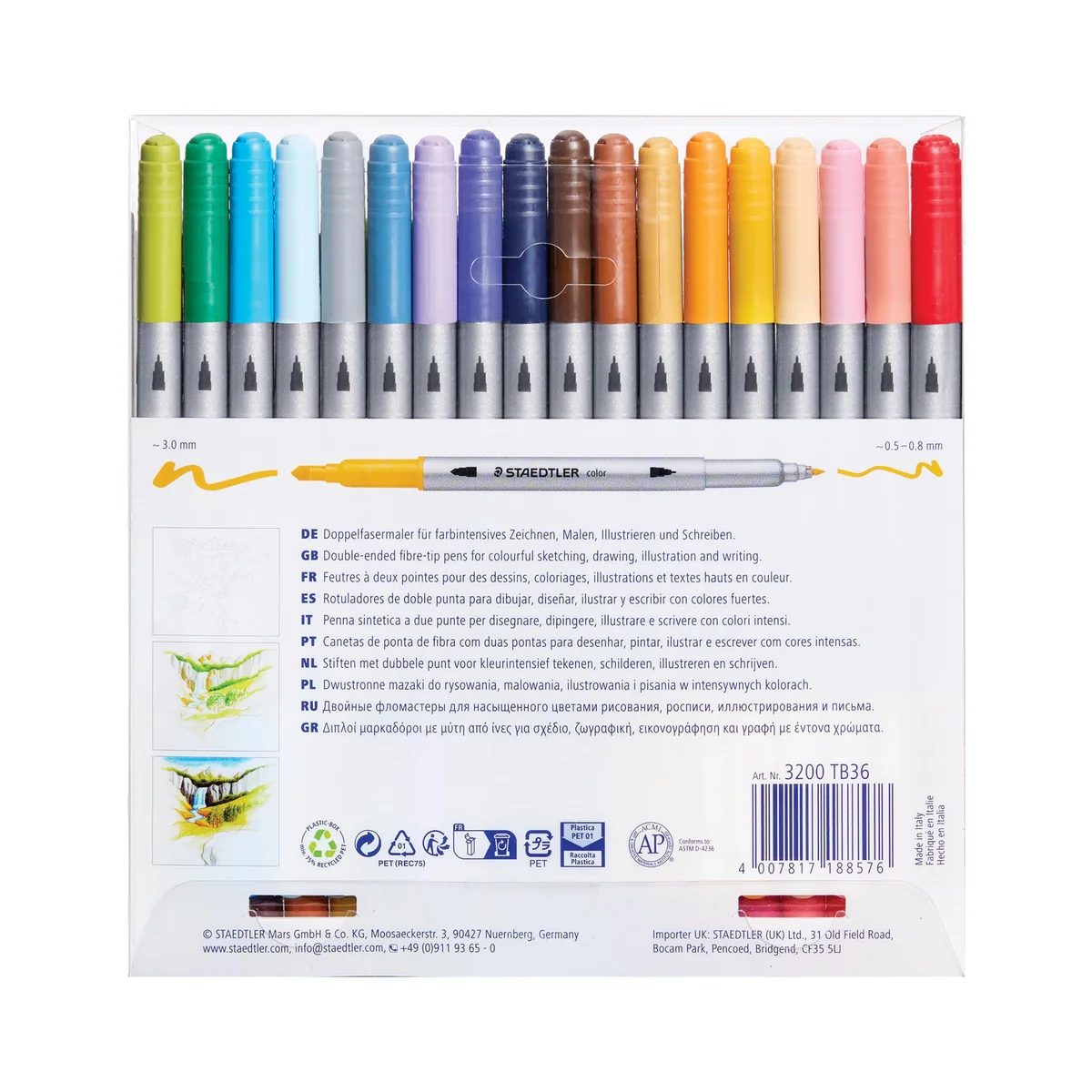 STAEDTLER Design Journey 3200 TB36, Rotuladores para lettering de doble punta, Caja con 36 marcadores de colores variados